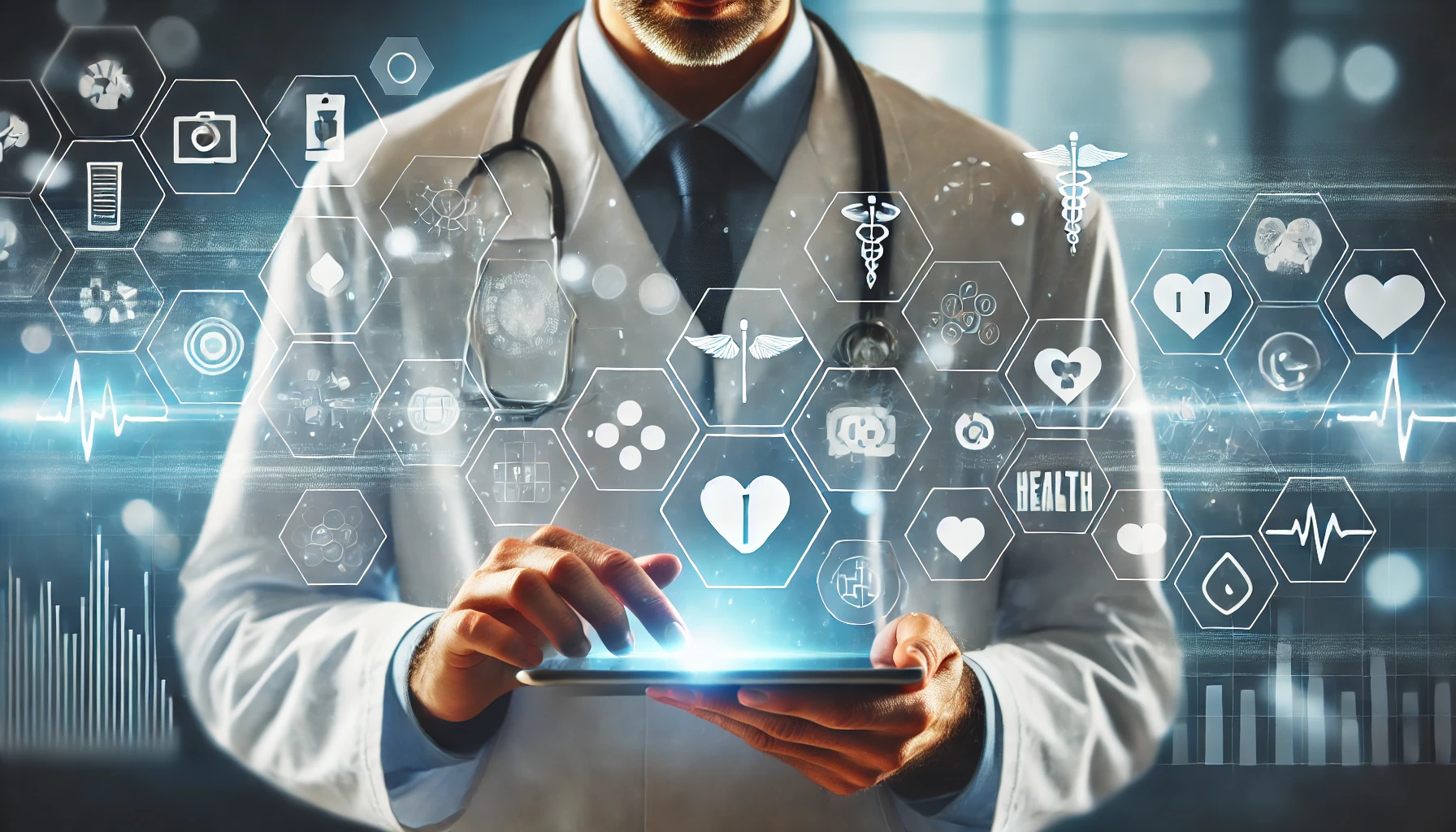 Healthcare professional using digital tools with holographic icons of health apps, data graphs, and cloud symbols, representing digital transformation in healthcare.
